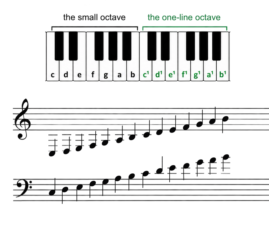 Bass clef and treble clef with notes connected to piano keys in the small and one-line octaves