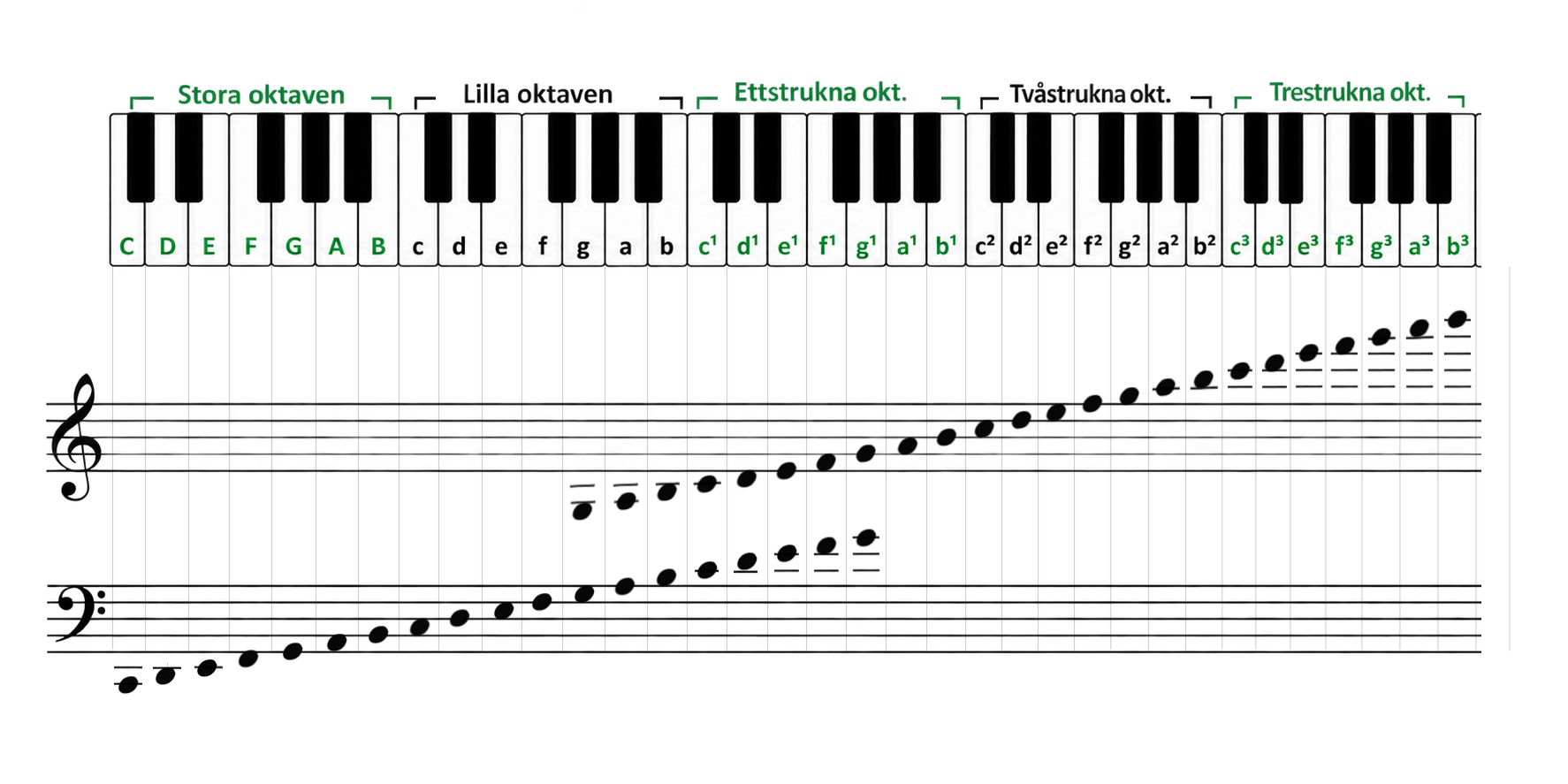 Piano med oktavnamn, tonnamn och noter i G-klav och F-klav